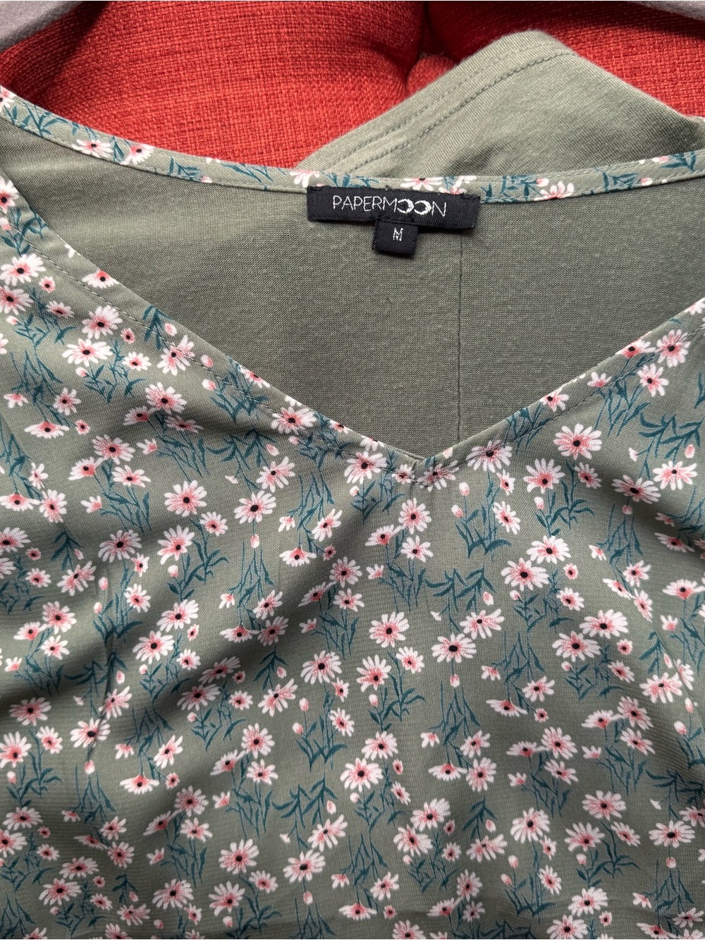 Papermoon Olive Green Floral V-Neck Top with Pink Accents